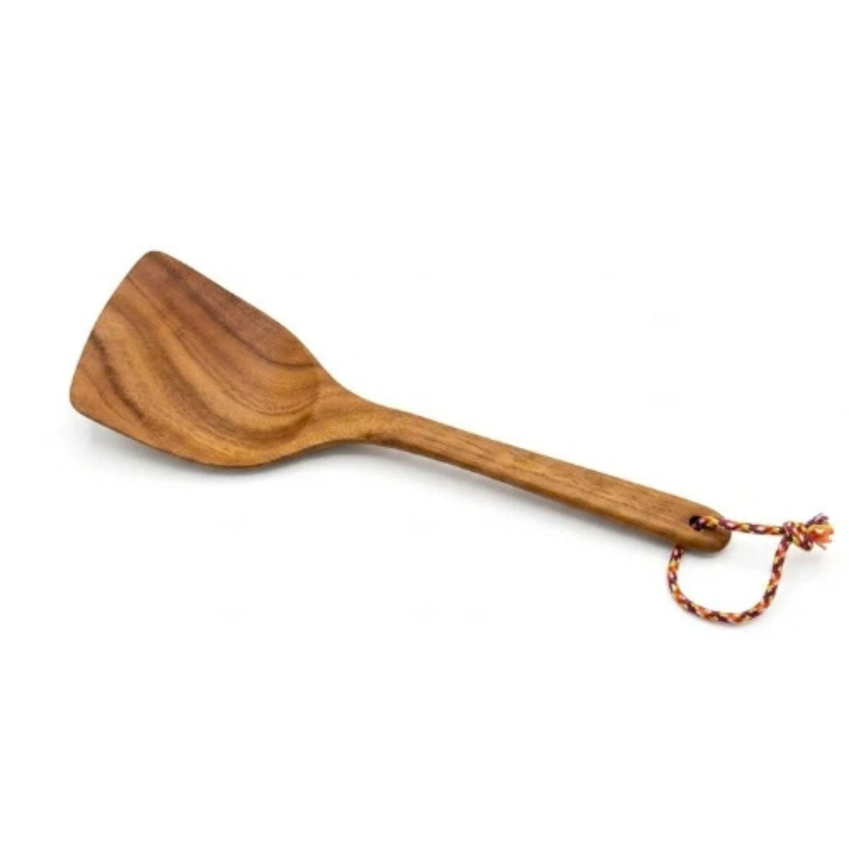 A wooden spatula with a natural wood grain finish and a braided orange and white hanging cord, shown on a plain white background.