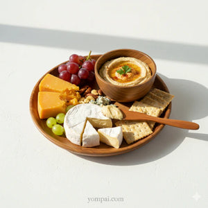 A bright lifestyle shot of a handcrafted teak wood platter set featuring a large round plate, a small bowl of hummus, and a wooden spreader, beautifully arranged with brie, cheddar, red grapes, nuts, and crackers on a white surface under natural sunlight.