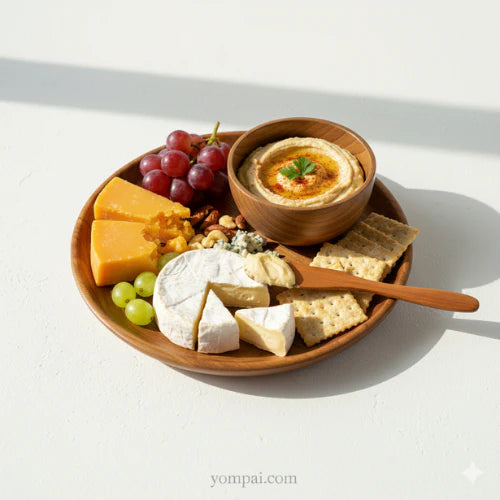 A bright lifestyle shot of a handcrafted teak wood platter set featuring a large round plate, a small bowl of hummus, and a wooden spreader, beautifully arranged with brie, cheddar, red grapes, nuts, and crackers on a white surface under natural sunlight.
