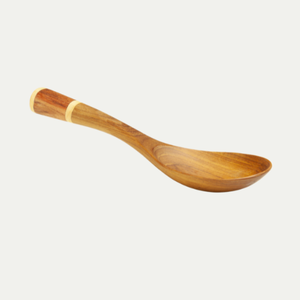 A wide-base artisan teak wood rice scoop with a tapered ergonomic handle and decorative light-colored wood ring inlay, shown on a neutral background.