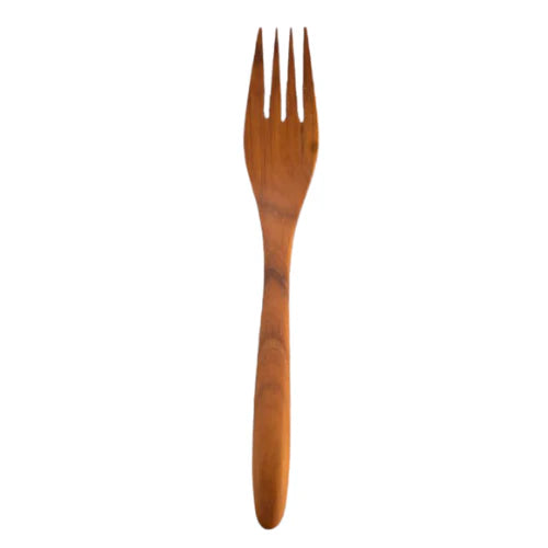 A handcrafted medium-sized fork made from solid teak wood, featuring four sharp tines and a smooth ergonomic handle, showcasing the rich golden-brown grain against a clean white background