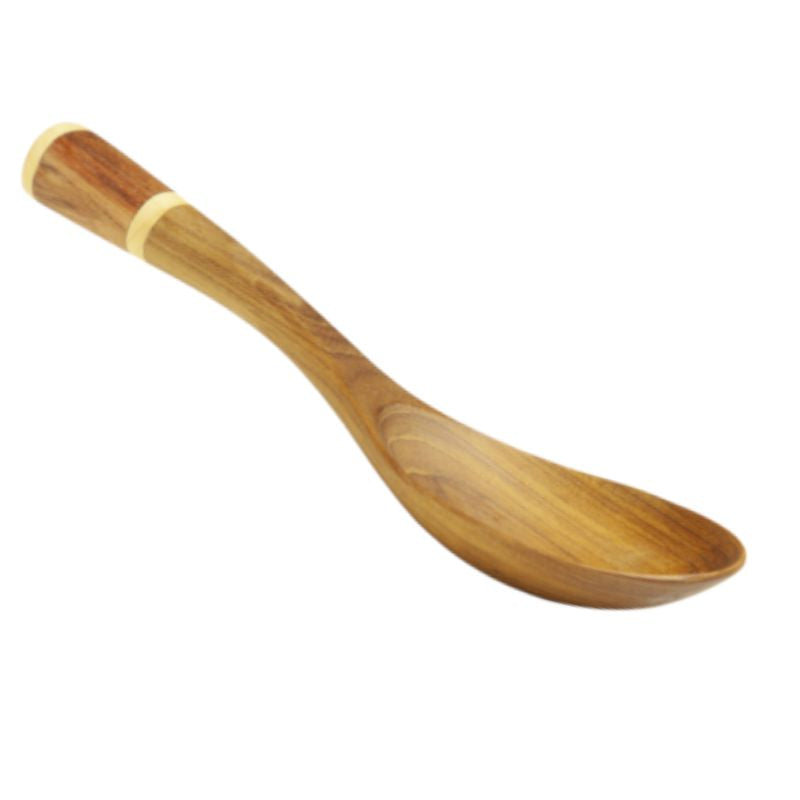 A hand-carved teak wood rice serving spoon with a natural grain finish and a decorative light wood inlay on the ergonomic handle