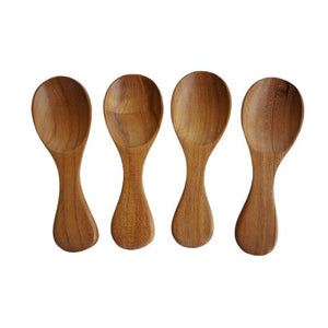 A set of four hand-carved mini salt spoons made from sustainably sourced teak wood, featuring a smooth natural grain and short, ergonomic handles for easy use with spice jars.