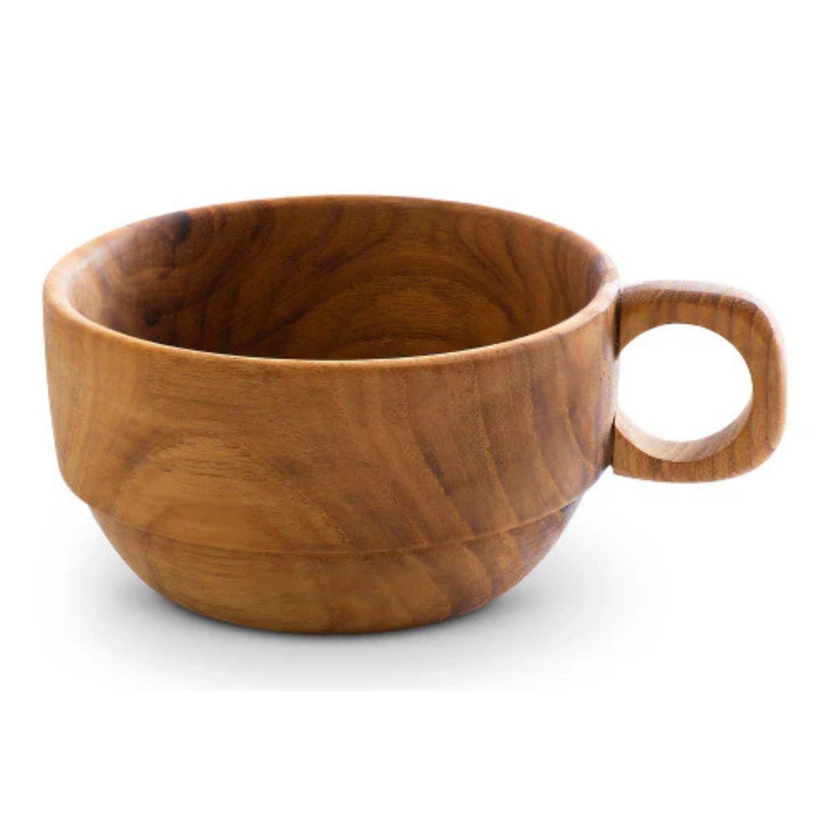 Single hand-carved natural teak wooden cup featuring a rich wood grain finish and a smooth, rounded handle, isolated on a white studio background.