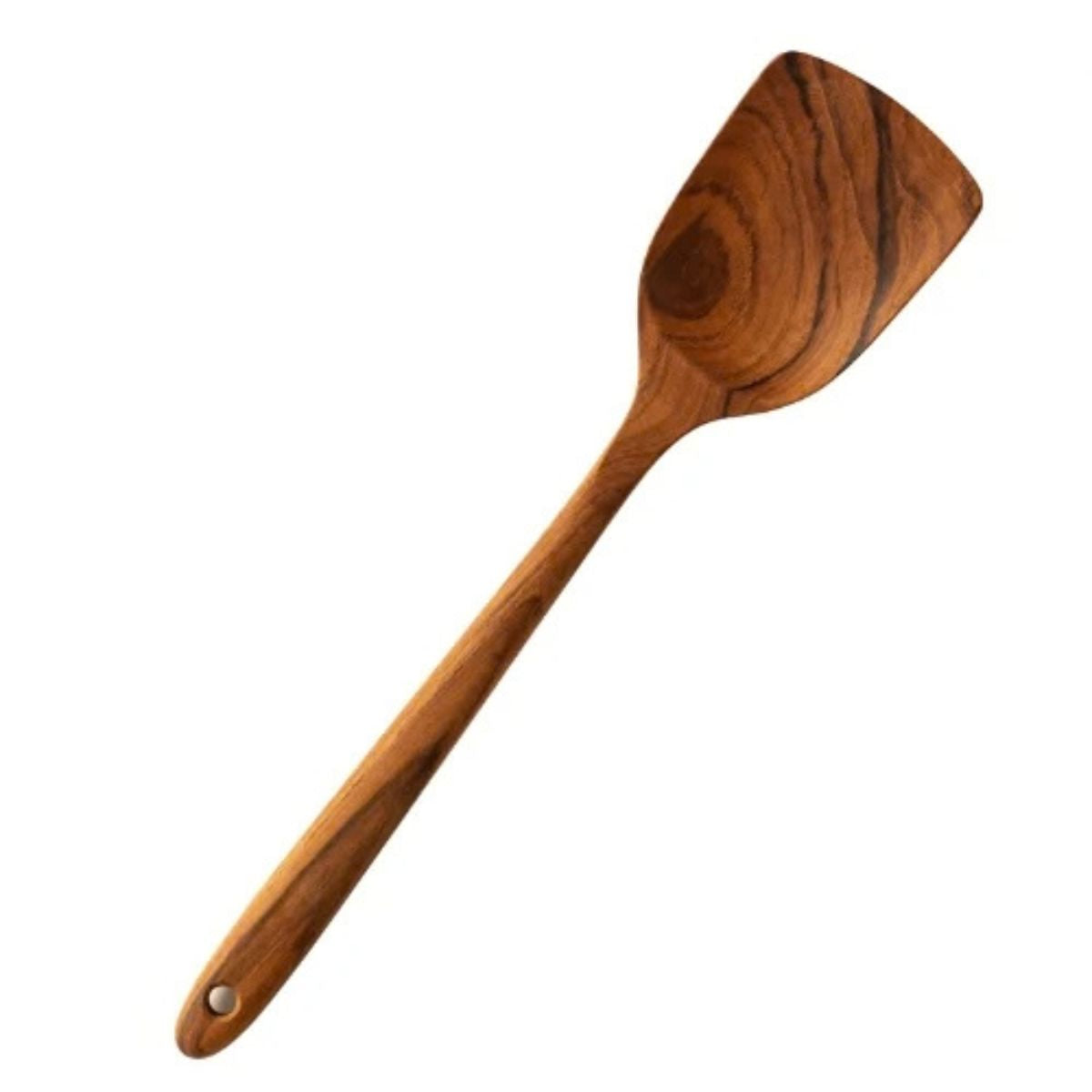 A handcrafted 37 cm medium-sized spatula made from solid teak wood, featuring a wide, flat head and a long ergonomic handle with a hanging hole, showcasing a rich natural wood grain against a white background