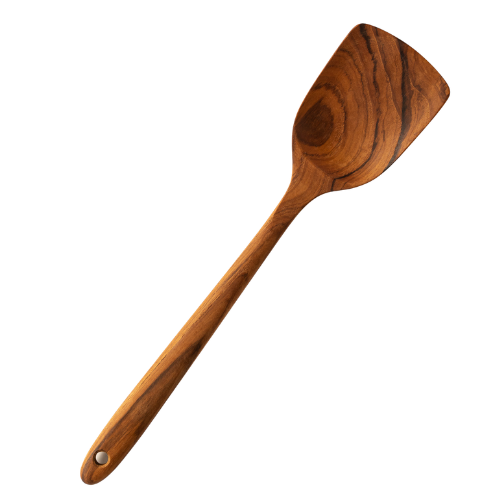 A handcrafted 37 cm medium-sized spatula made from solid teak wood, featuring a wide, flat head and a long ergonomic handle with a hanging hole, showcasing a rich natural wood grain against a white background
