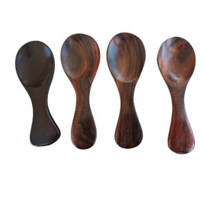 A set of four handcrafted mini spice spoons made from dark, sustainably sourced Rosewood, showcasing rich natural grain patterns and a smooth, non-toxic finish for kitchen use.
