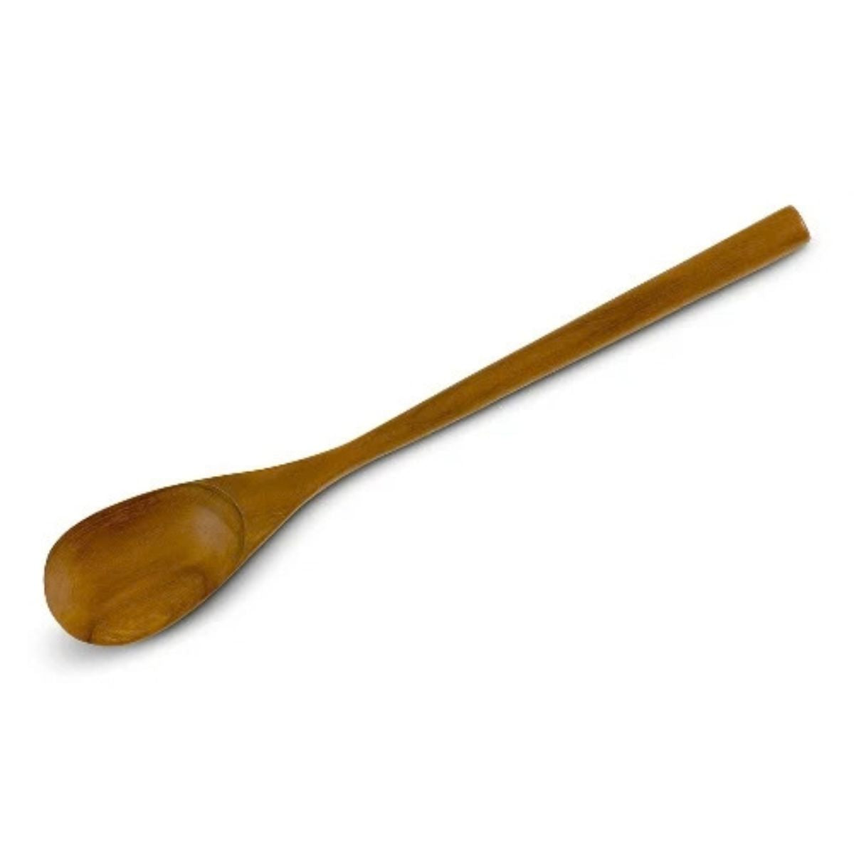 A handcrafted long-handled teak wood spoon shown against a crisp white background. The spoon features a slender, straight handle and a shallow, rounded bowl with a rich, polished golden-brown grain. Carved from a single piece of premium, food-safe teak wood, this durable and non-toxic spoon is designed for stirring deep pots, tasting sauces, or serving with an artisanal touch in an eco-friendly kitchen.