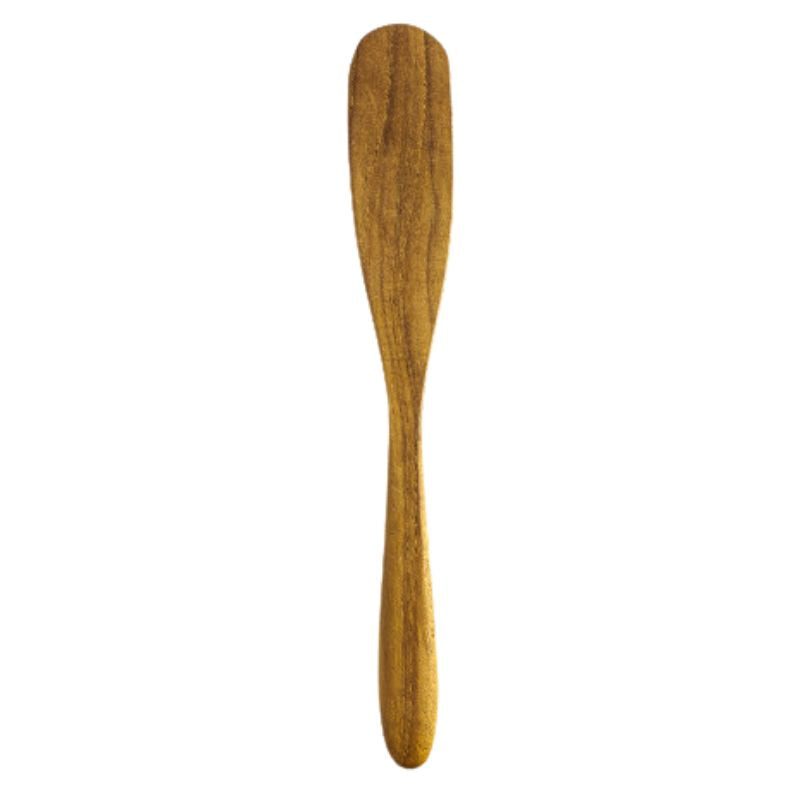 A teak wood scoop designed for extracting avocado flesh, with a smooth curved blade.
