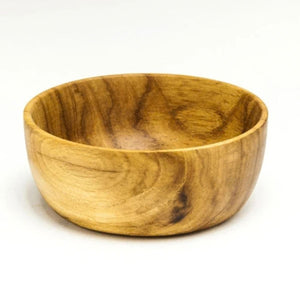 A durable, hand-turned 13 cm bowl made from solid teak wood, featuring a smooth, non-toxic finish and warm natural grain, designed as a safe and unbreakable alternative to plastic for toddlers and young children.