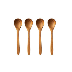 A set of four 18cm handcrafted teak wood soup spoons arranged vertically in a row on a clean white background. Each spoon displays a unique, natural golden-brown wood grain, illustrating the artisanal quality of the set.