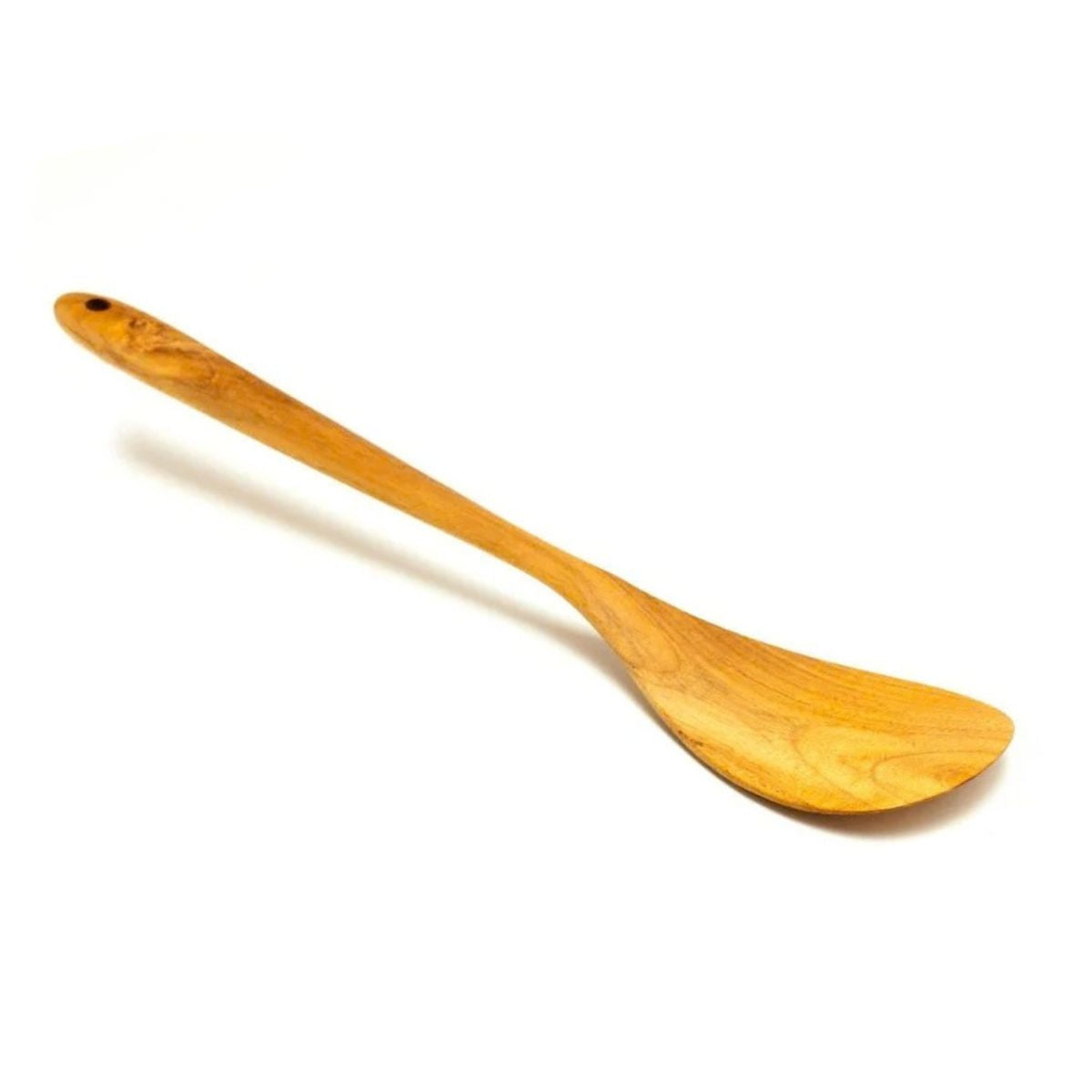 A handcrafted teak wood spatula with a finely rounded and curved head, designed for smooth stirring and easy flipping in contoured pans or woks. It is also made to serve delicate foods from the pan such as fish fillets. Carved from a single piece of premium golden-brown teak wood, it showcases a rich natural grain and a polished, food-safe finish.  It is  a non-toxic and durable essential for an artisanal, eco-friendly kitchen