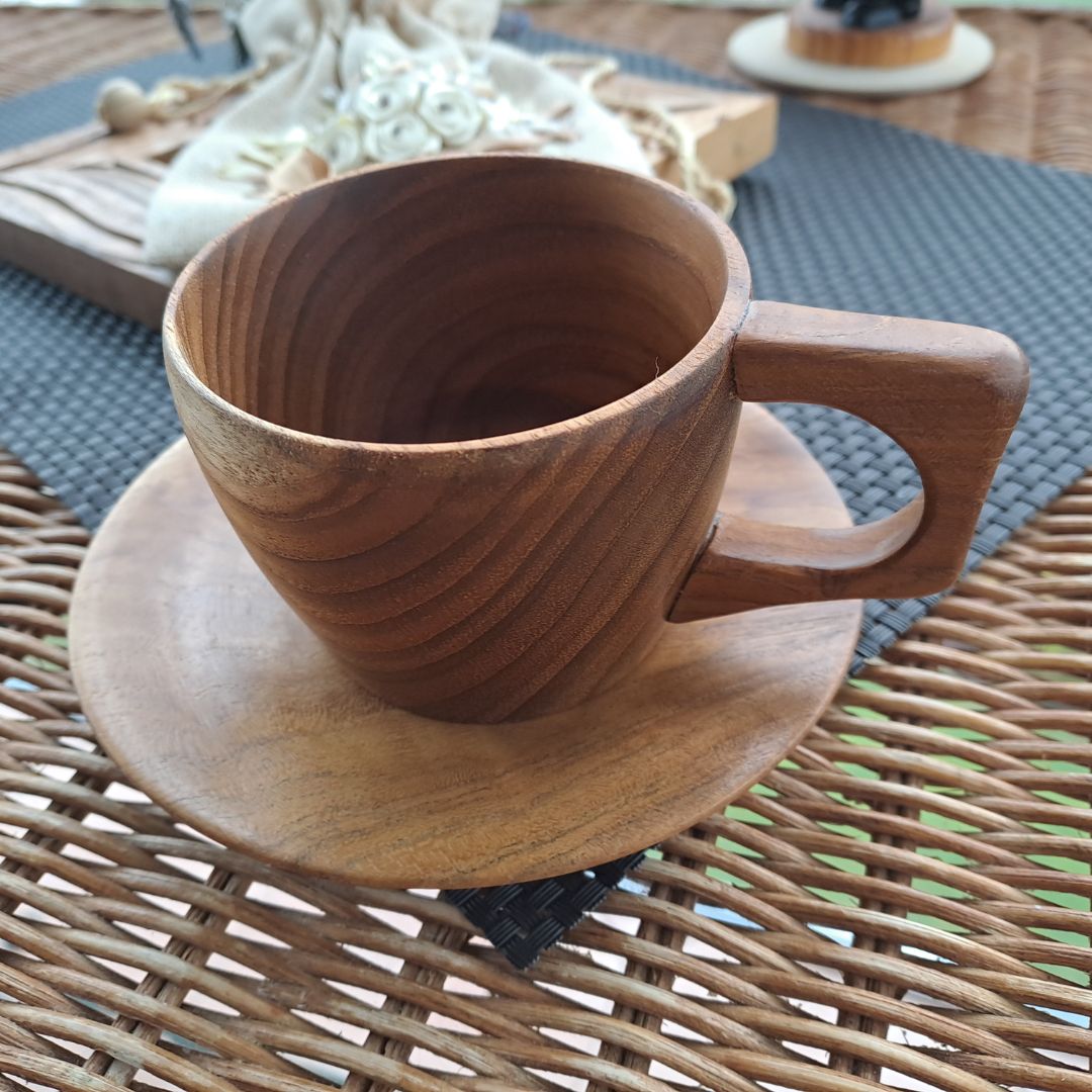 handcrafted wooden cup and saucer, 