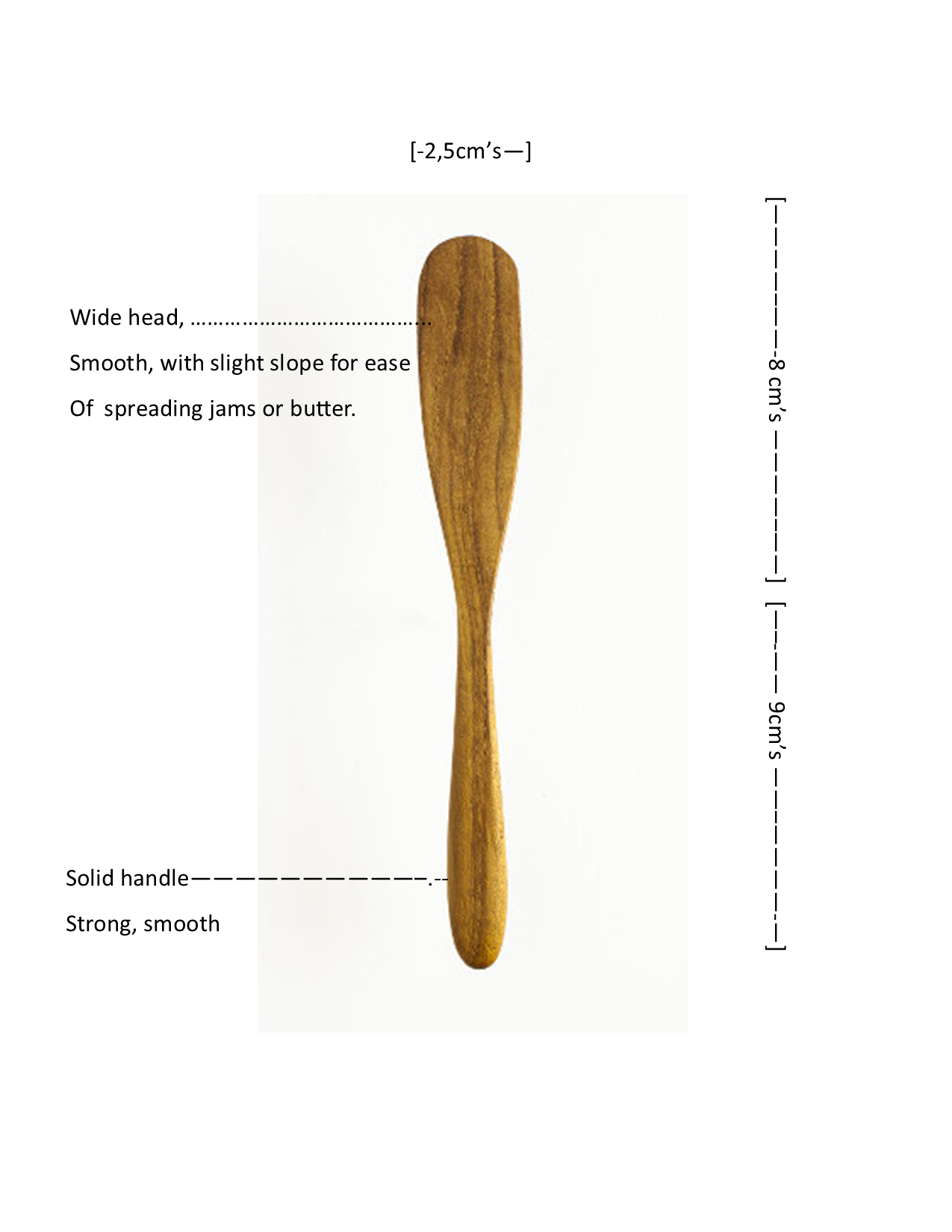 Handmade Wooden Avocado scoop, for extracting avocado in one piece. This photo has the dimensions of the scoop, showing how long and wide it is