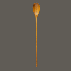 A vertical product photograph of a handcrafted teak wood parfait spoon, isolated against a dark, solid grey background. The image emphasizes the spoon's elegant, extra-long handle and smooth oval-shaped head, highlighting the rich, natural grain of the single-piece teak construction. This durable and non-toxic utensil is designed as a versatile culinary essential for tall beverage jars, smoothies, and dessert service.