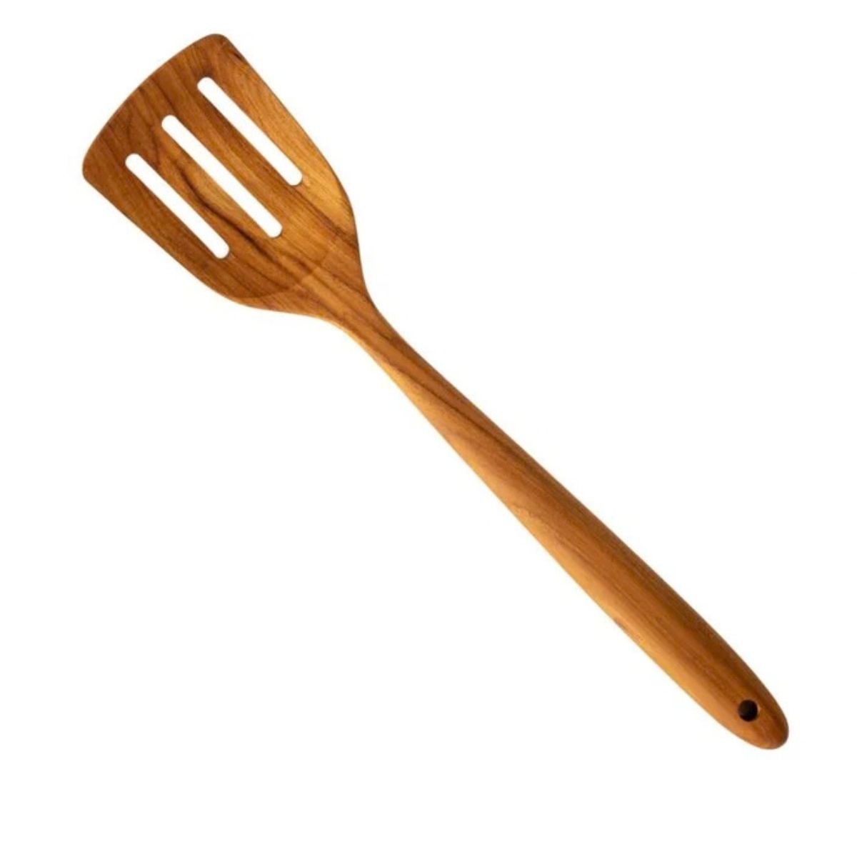 A handcrafted wooden fish slice or slotted turner made from premium teak wood, isolated on a clean white background. The image showcases the long, ergonomic handle with a convenient hanging hole and a wide, three-slotted head designed for efficient draining and flipping. The rich natural wood grain is visible throughout, highlighting its artisanal quality as a durable, non-scratch tool for delicate cooking tasks like searing fish or flipping eggs.