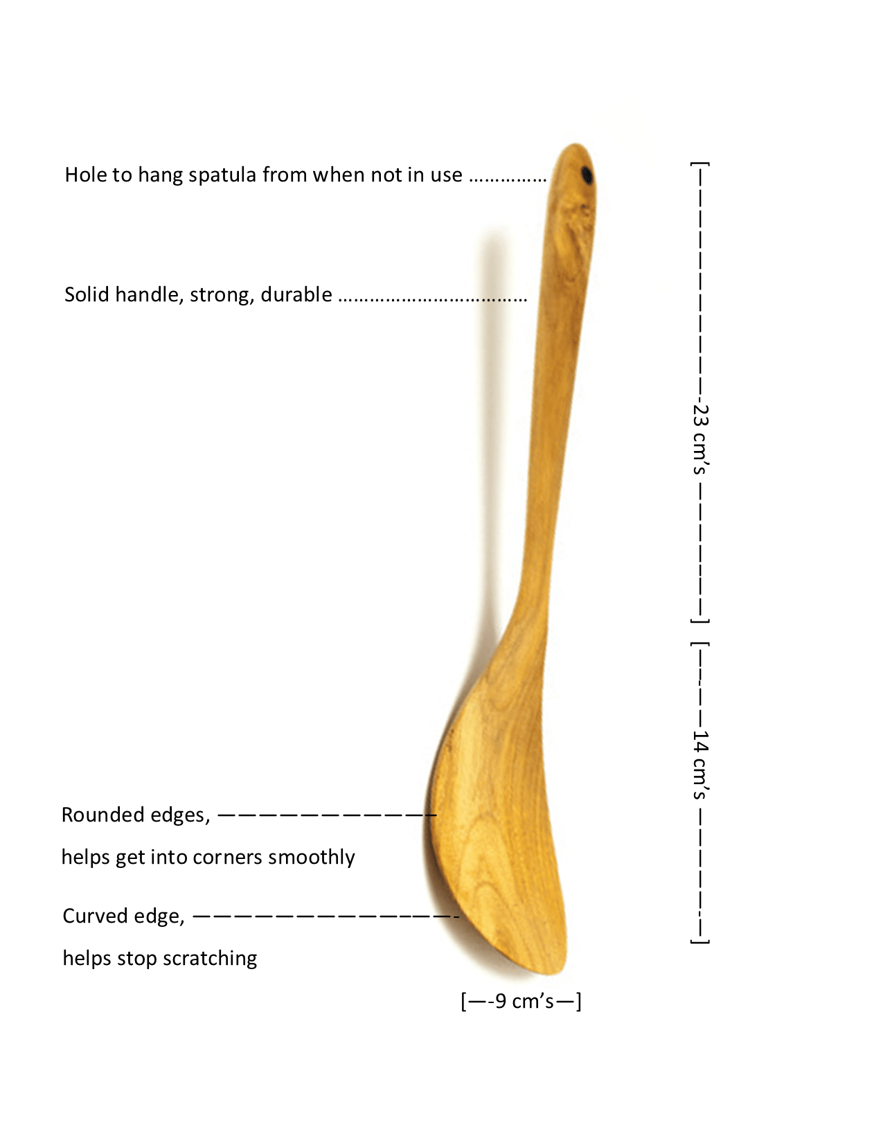 A technical information graphic for a handcrafted teak wood rounded spatula. The image includes labeled dimensions showing a 23 cm handle, a 14 cm blade length, and a 9 cm blade width. Key functional features are highlighted with text pointers: a hanging hole for storage, a solid durable handle, rounded edges for reaching into corners smoothly, and a curved edge to prevent scratching pans. The spatula is carved from a single piece of golden teak wood, demonstrating its ergonomic and protective design for no
