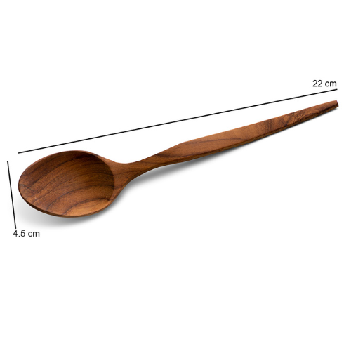 A technical product photograph of a handcrafted teak wood eating spoon on a white background, featuring black dimension arrows and text labels. The diagram specifies a total length of 22 cm and a spoon head width of 4.5 cm. This visual guide highlights the spoon's generous proportions and tapered handle, expertly carved from a single piece of sustainable teak for a durable, non-toxic, and plastic-free dining experience.