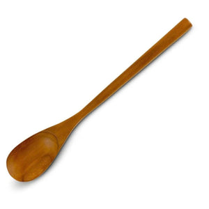 A professional product photograph of a 30cm long-handled handcrafted teak wood spoon, angled diagonally against a seamless white background. The utensil features a long, straight handle and a generous, smooth bowl showcasing a warm, rich golden-brown timber grain. Carved from a single piece of sustainable teak wood, this durable and non-toxic all-rounder spoon is designed for deep pot cooking, folding dough, and serving hot dishes.