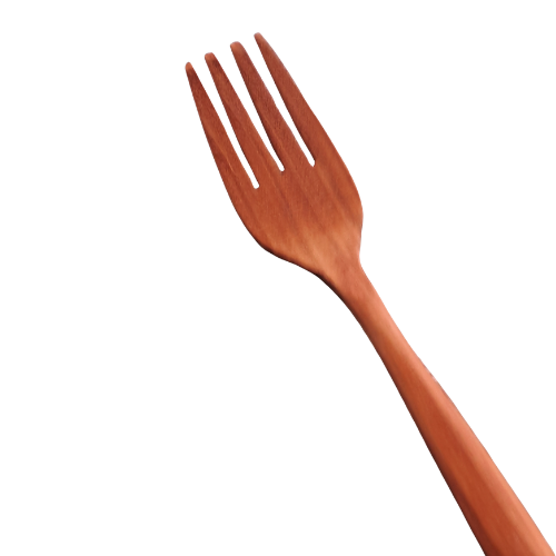 A close-up, high-resolution product photograph highlighting the head and tines of a handcrafted medium wooden fork, isolated against a solid white background. The image emphasizes the four smooth, precisely carved tines and the transition into the neck of the handle. Carved from a single piece of sustainable teak wood, the shot captures the ultra-fine, velvety wood grain and warm reddish-brown timber tones of the food-safe, non-toxic dining utensil.
