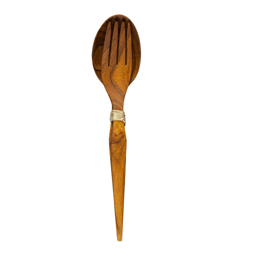 Handcrafted teak wood salad server set including a large fork and spoon tied with natural twine, isolated on a white background.