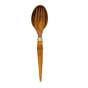 Handcrafted teak wood salad server set including a large fork and spoon tied with natural twine, isolated on a white background.