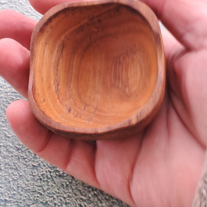 A close-up lifestyle photograph showing a small, square handcrafted pinch bowl carved from sustainable teak wood resting in the open palm of a person's hand. The overhead perspective clearly demonstrates the compact size and scale of the dish, highlighting its softly rounded square rim, deep smooth interior, and rich golden-brown timber tones with a prominent natural wood grain. Carved from a single piece of non-toxic teak, this durable mini pot is designed for holding spices, salts, or condiments.