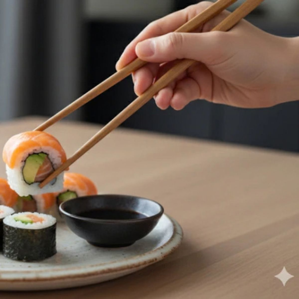 A close-up lifestyle photograph of a person's hand using handcrafted teak wood chopsticks to lift a piece of salmon and avocado sushi roll from a ceramic plate. A small black dipping bowl of soy sauce sits on the smooth wooden tabletop in the foreground. The image highlights the slender, elegant profile and natural golden-brown texture of the non-toxic, reusable chopsticks, showcasing them in a real-world dining environment.