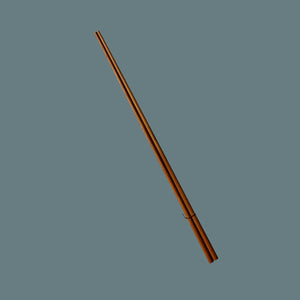 A pair of long, slender brown wooden chopsticks with a glossy finish, arranged diagonally on a solid slate gray background.