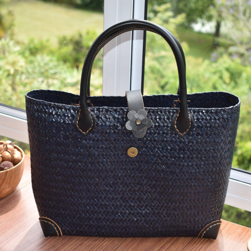 Rich Blue Handwoven Krajood Bag with Leather Handles | yompai