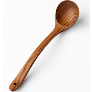 Handcrafted long-handle teak wood soup ladle with a deep round bowl and natural grain, shown on a white background.
