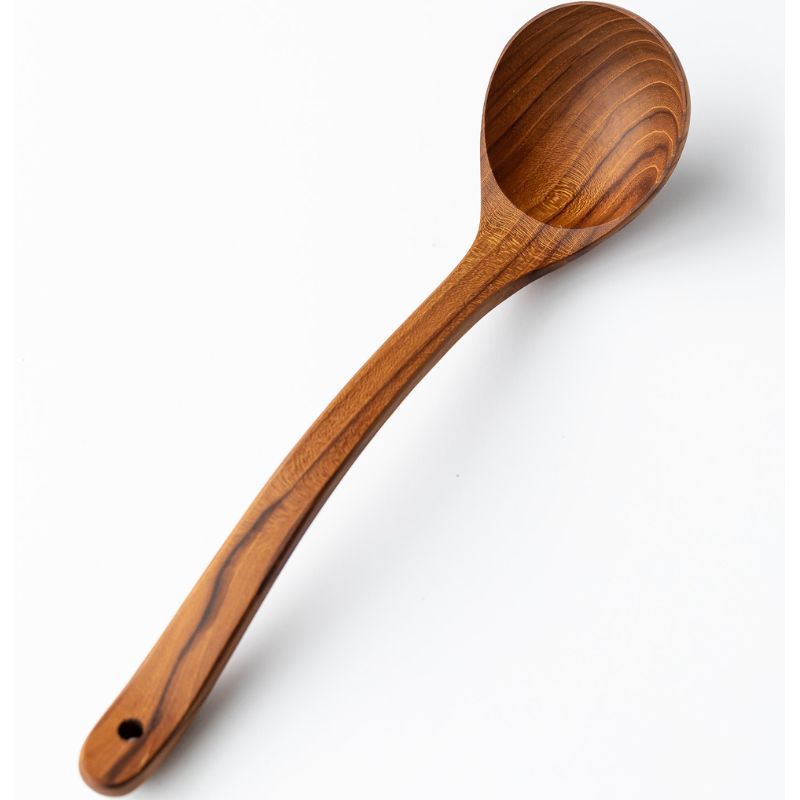 Handcrafted long-handle teak wood soup ladle with a deep round bowl and natural grain, shown on a white background.