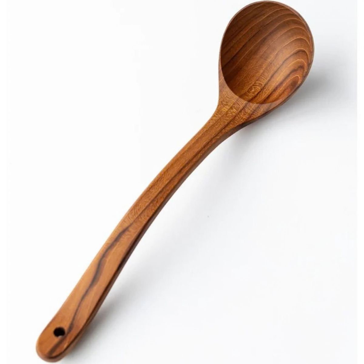 Handcrafted long-handle teak wood soup ladle with a deep round bowl and natural grain, shown on a white background.