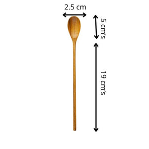 A technical product photograph of a handcrafted teak wood parfait spoon on a white background, featuring black dimension arrows and text labels. The diagram specifies a 19 cm long slender handle, a 5 cm spoon head length, and a 2.5 cm head width. This visual guide highlights the spoon's unique proportions, expertly carved from a single piece of sustainable teak for reaching into deep jars or stirring tall beverages.