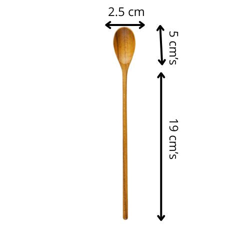A technical product photograph of a handcrafted teak wood parfait spoon on a white background, featuring black dimension arrows and text labels. The diagram specifies a 19 cm long slender handle, a 5 cm spoon head length, and a 2.5 cm head width. This visual guide highlights the spoon's unique proportions, expertly carved from a single piece of sustainable teak for reaching into deep jars or stirring tall beverages.