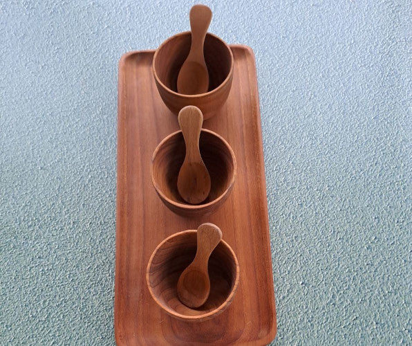 lovely wooden tray and three small bowls