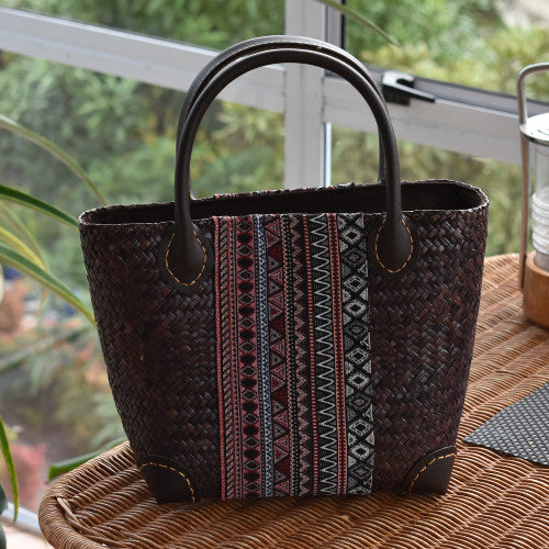 handwoven bag with leather handles