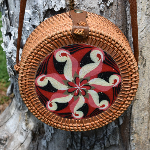 Handwoven Rattan Crossbody Bag – Bold Mandala Design Yompai NZ