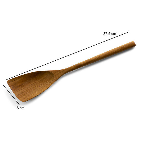A technical dimension graphic for a handcrafted teak wood curved spatula. The image shows a top-down view of the spatula with clear labels indicating a total length of 37.5 cm and a blade width of 8 cm. The spatula features a long, slender handle and a wide, gently scooped blade with a rich, natural teak grain. This food-safe, non-toxic kitchen tool is designed for reaching deep into large pots and woks, providing an artisanal and sustainable alternative to mass-produced utensils.