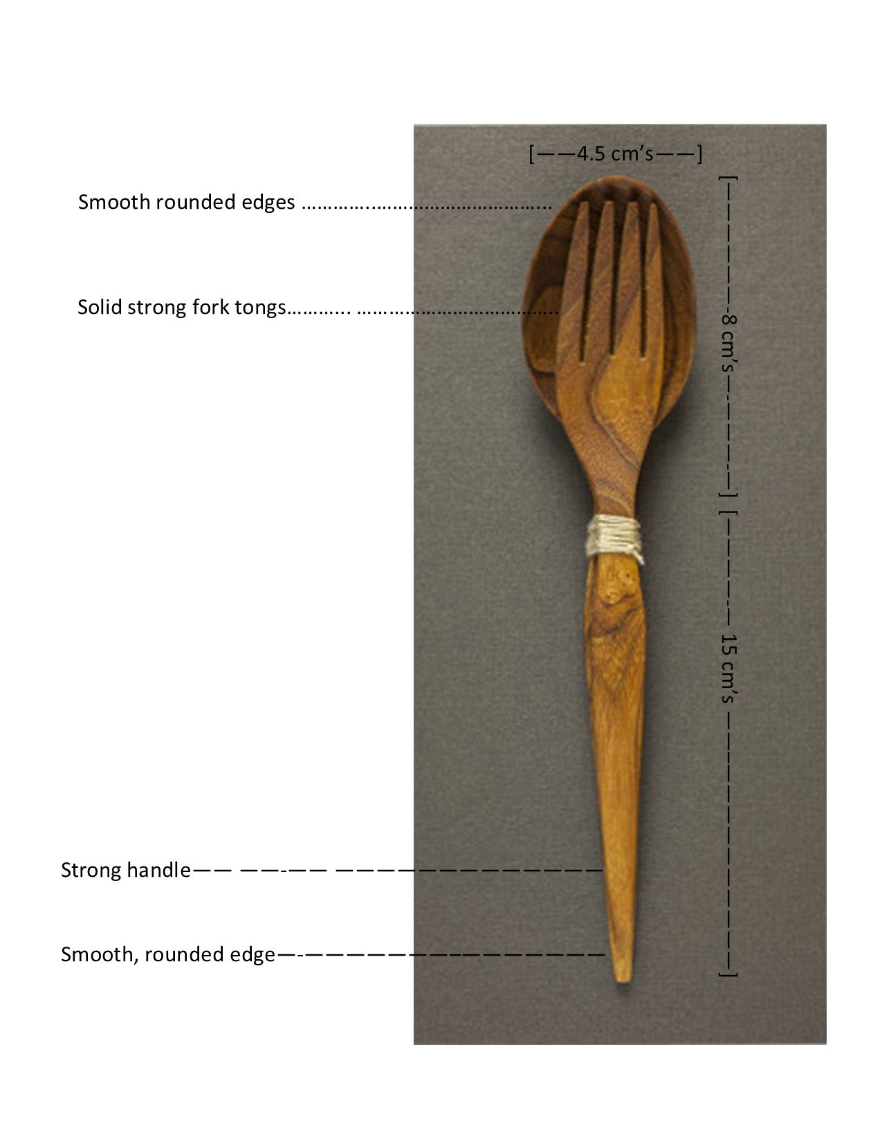 Product diagram of a handcrafted teak wood salad server set showing dimensions: 15cm handle and 8cm head with a 4.5cm width. Text highlights solid fork tongs and smooth rounded edges on a grey background.