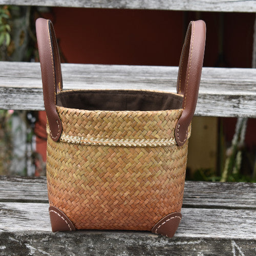Handwoven bag with leather handles,  light but sturdy