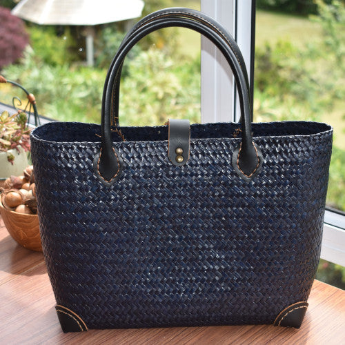 stylish hand woven blue bag with leather strap