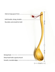 Product diagram of a Yompai teak wood ladle showing dimensions: 30cm handle, 10cm deep head, and 9cm width. Text highlights include a solid durable handle, hanging hole, and smooth rounded edges.